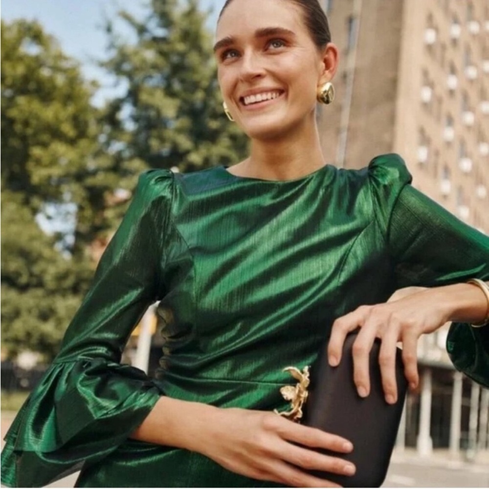 NWT Pomander Place Emerald Crinkle Lurex Midi Dress Size M Holiday Wedding Party - Picture 2 of 9